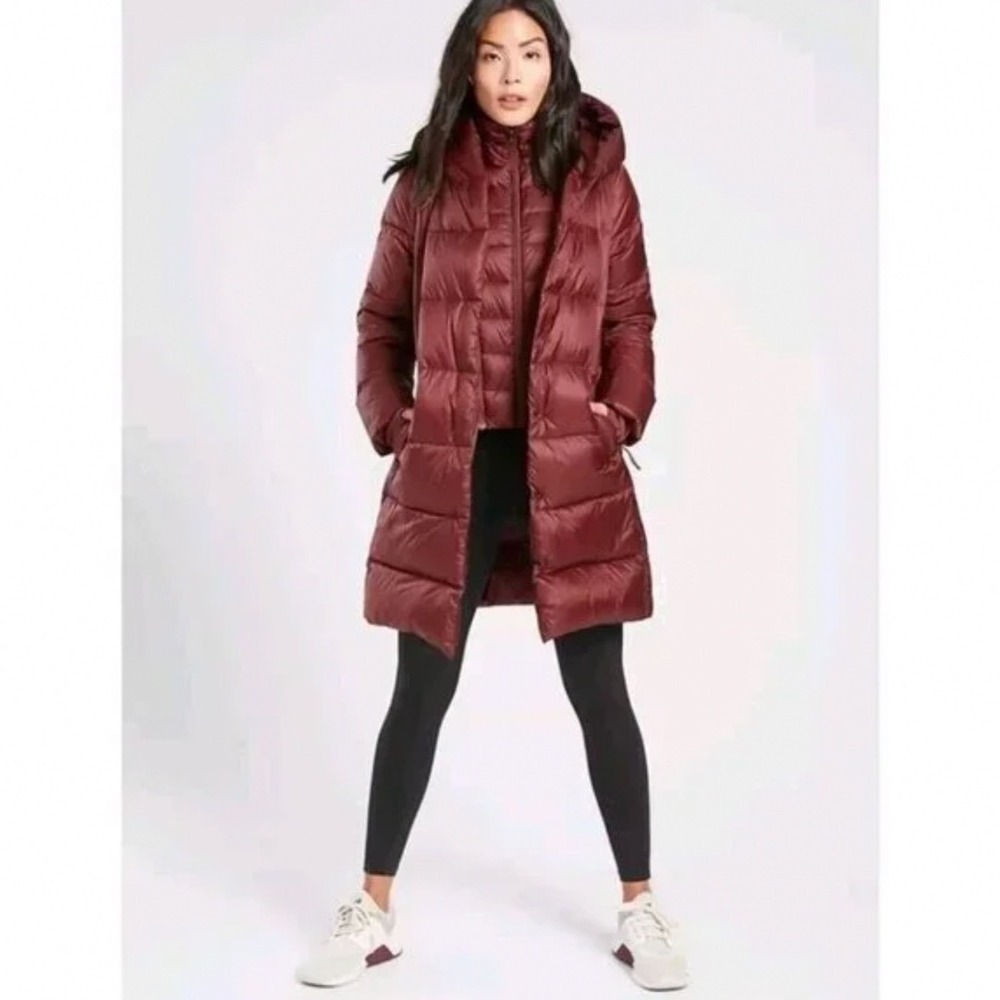 Athleta Women's Lofty Quilted‎ Hooded Goose Down Puffer Jacket Long Size S